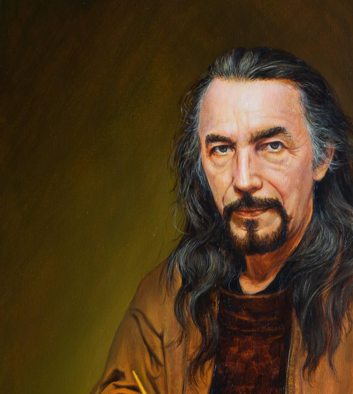 Oil painting of artist at work by Valeriy Bulat, bearded man in brown jacket