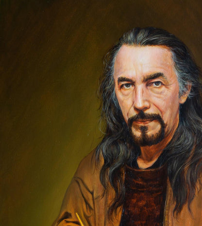 Oil painting of artist at work by Valeriy Bulat, bearded man in brown jacket