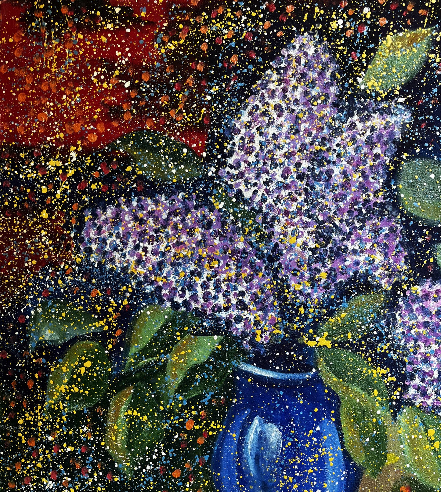 Oil painting Lilac Eric Danne: purple lilac bouquet in blue vase on paint splatters