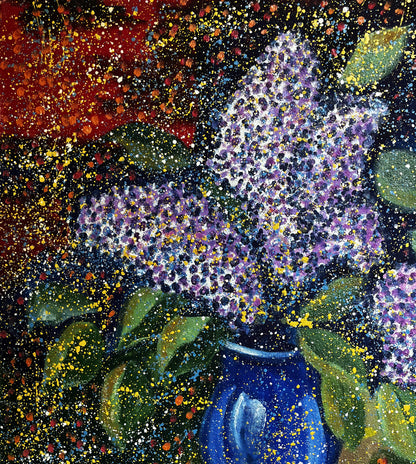 Oil painting Lilac Eric Danne: purple lilac bouquet in blue vase on paint splatters