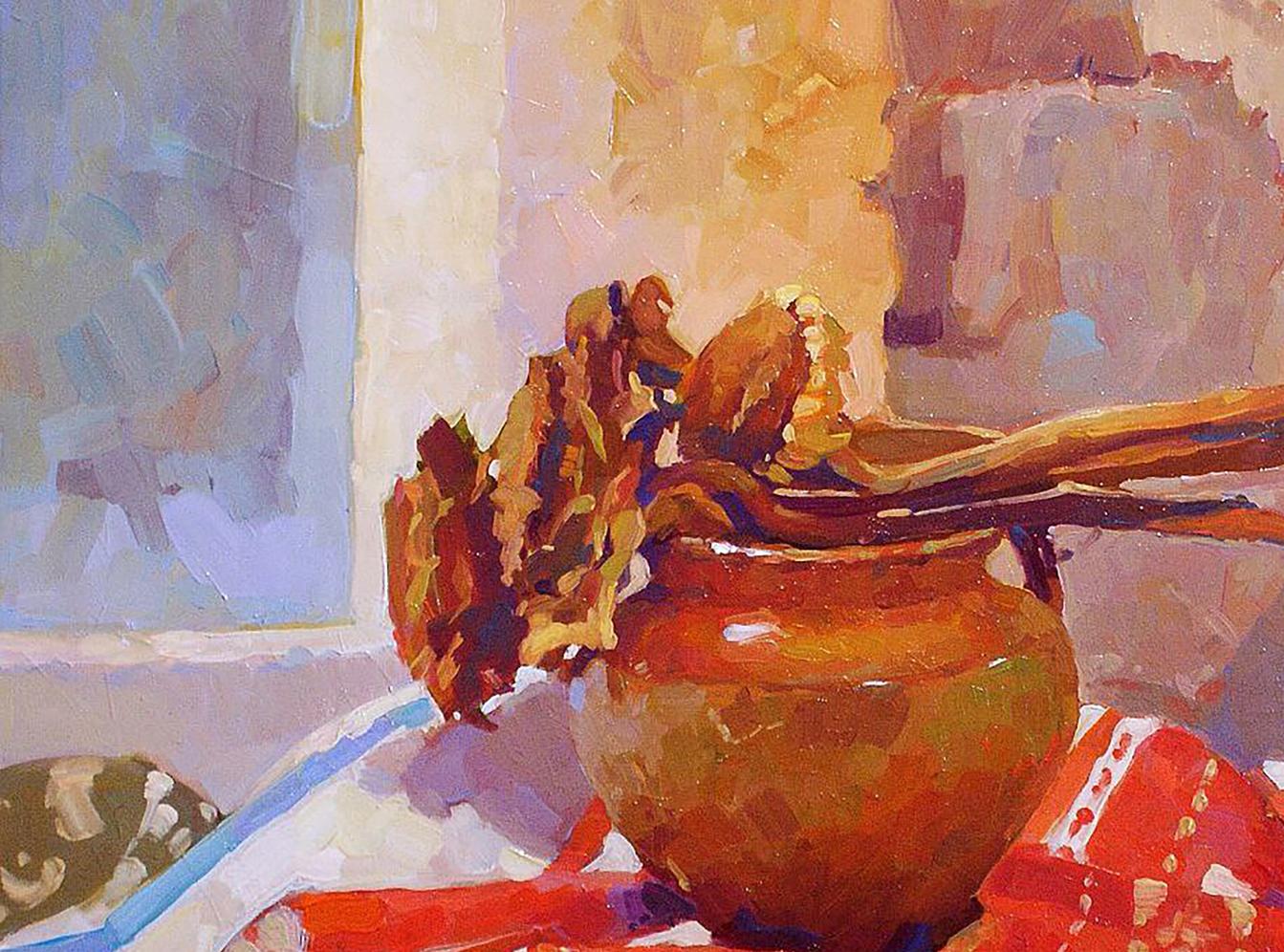 Oil painting of rustic terracotta pot with dry sunflowers by Anastasia Yaroshevich