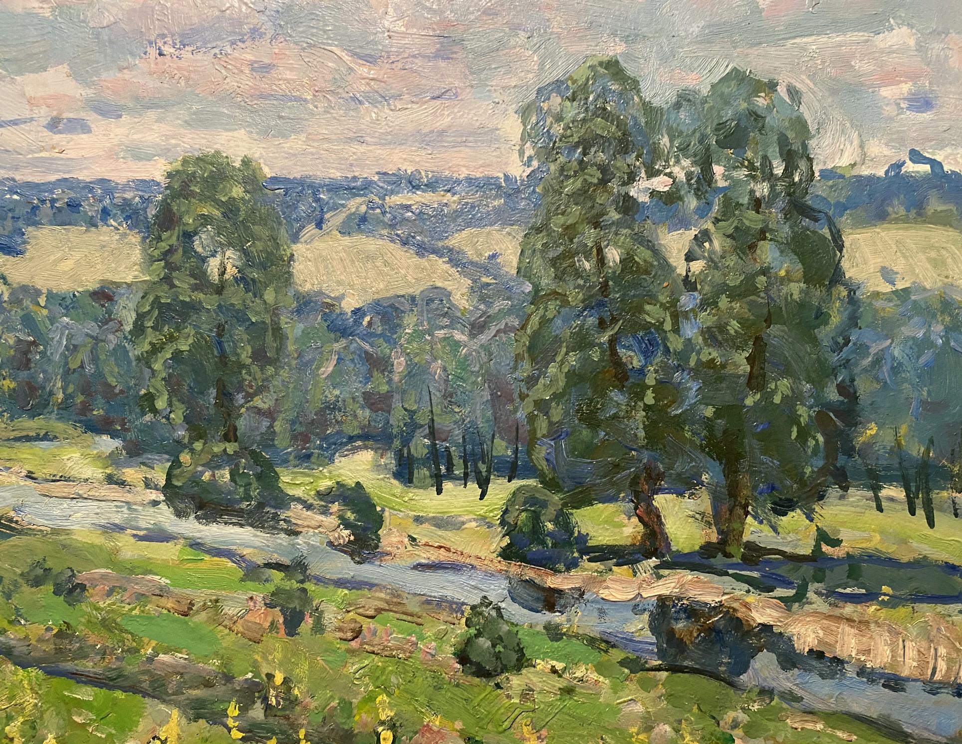 Impressionistic oil painting Glade by Georgy Kolosovsky with lush trees, hills, river