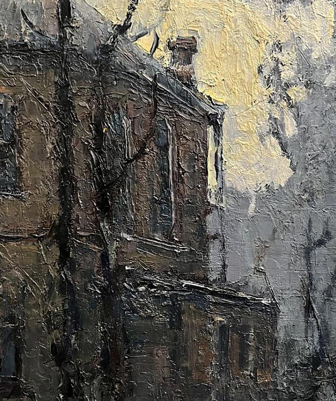 Oil painting of weathered brick village building by Volodymyr Pashchenko