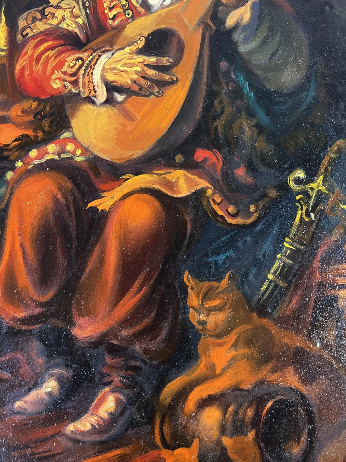 Oil painting of man with bandura by Alexander Litvinov, lute player and cat
