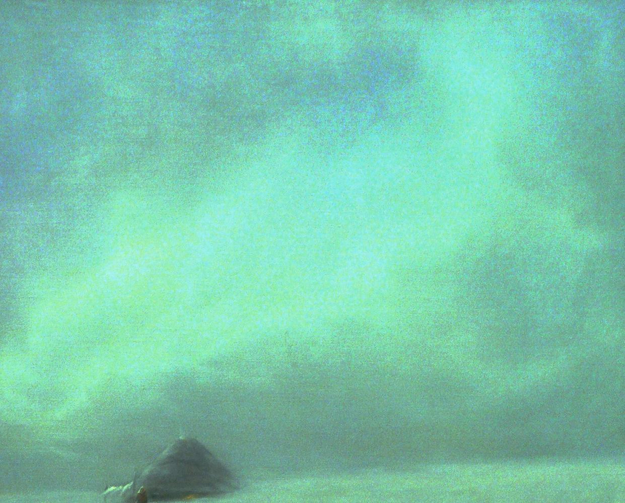 Oil painting of dark conical rock in swirling green blue snowy mist by Vasily Korkishko
