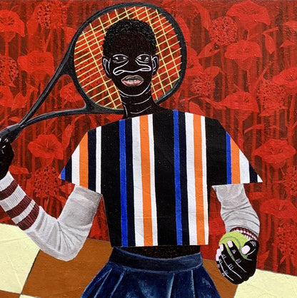 Stylized black tennis racket with orange strings in Focus on the Goal painting by Akintomide Akinshola