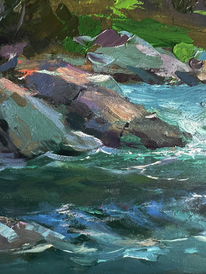 Oil painting of rocky shoreline river in mountains by Yuriy Suprunchuk