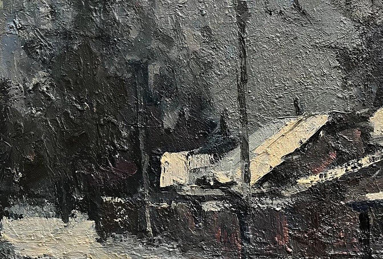 Oil painting Quiet Village by Volodymyr Pashchenko, textured dark landscape