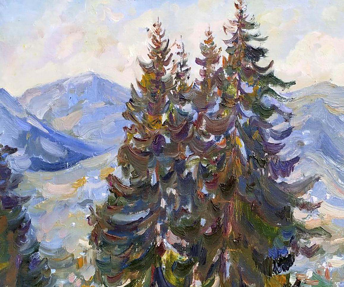 Vibrant impressionist oil painting of snow-dusted spruce trees by Leonid Pavlenko