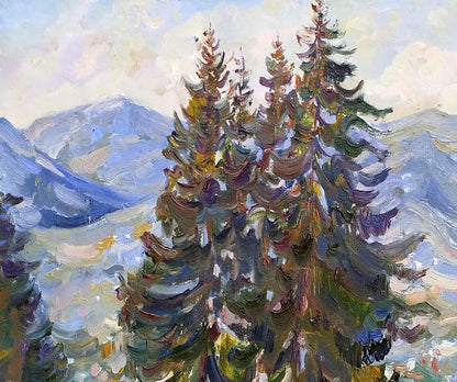 Vibrant impressionist oil painting of snow-dusted spruce trees by Leonid Pavlenko