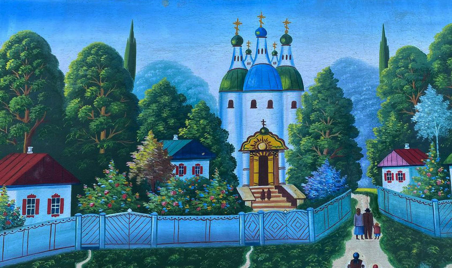 Oil painting of white church with blue green domes by unknown artist