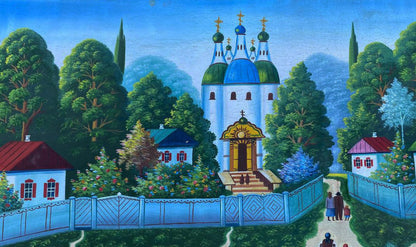 Oil painting of white church with blue green domes by unknown artist