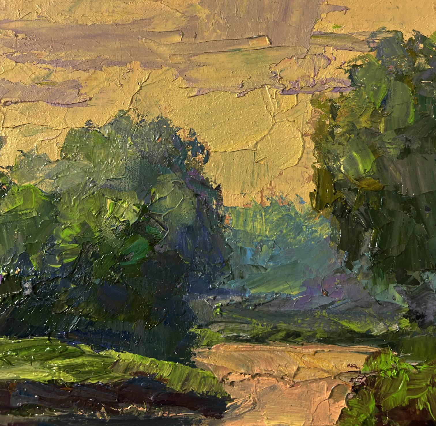 Impasto oil painting of spring sunset over river by Boris Serdyuk