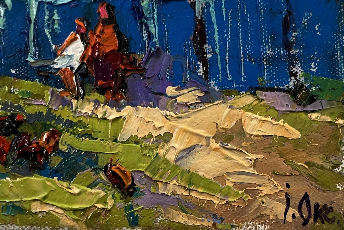 Oil painting Near the village yard by Oksana Ivanyuk, vibrant impressionist horse riders