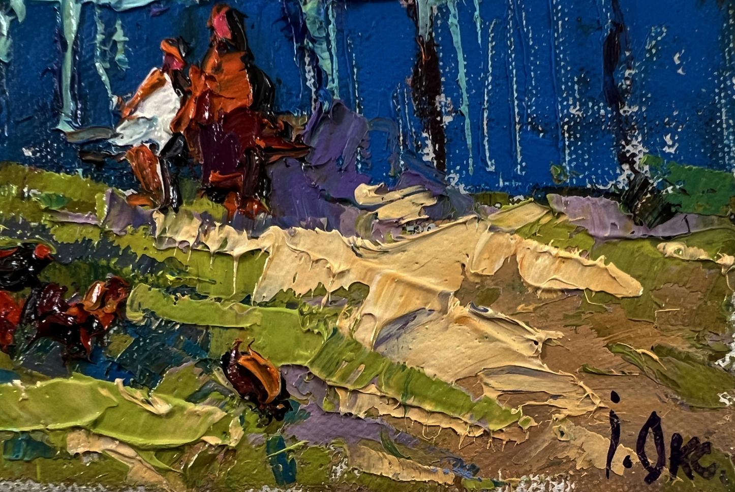 Oil painting Near the village yard by Oksana Ivanyuk, vibrant impressionist horse riders