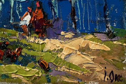 Oil painting Near the village yard by Oksana Ivanyuk, vibrant impressionist horse riders