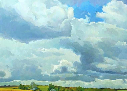 Oil painting by Anastasia Yaroshevich: vibrant blue sky, clouds over green field
