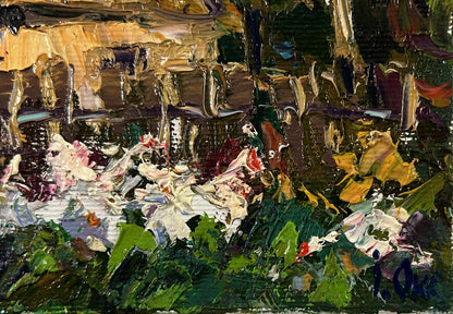 Oil painting Evening House by Oksana Ivanyuk: lush textured floral scene