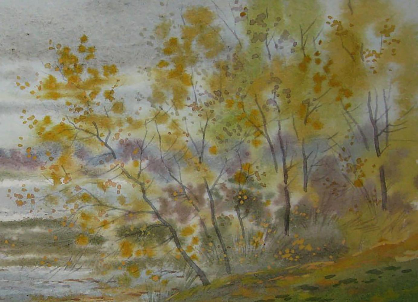 Watercolor painting of autumn shore river trees by Valery Savenets