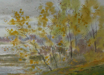 Watercolor painting of autumn shore river trees by Valery Savenets