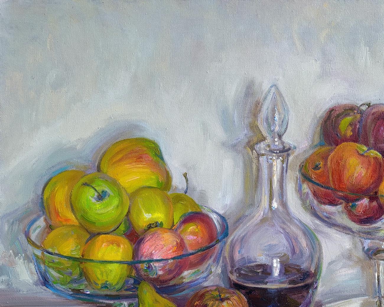 Clear glass decanter with faceted stopper in Pavlenko apples and wine painting
