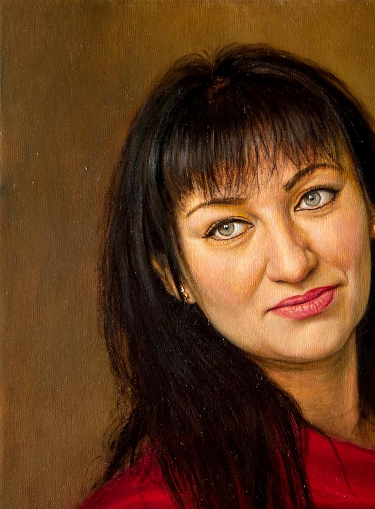 Oil painting Carol by Valeriy Bulat: dark-haired woman with blue eyes in red top