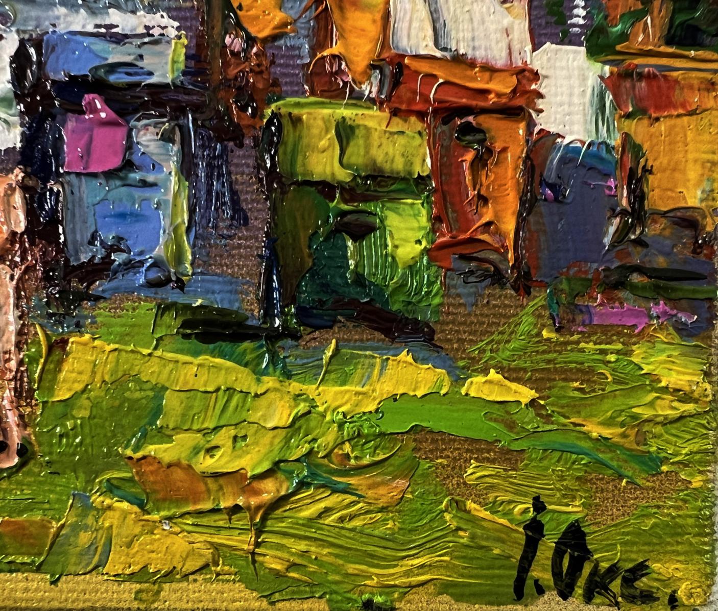 Vibrant oil painting of house in village by Oksana Ivanyuk with bold textured strokes