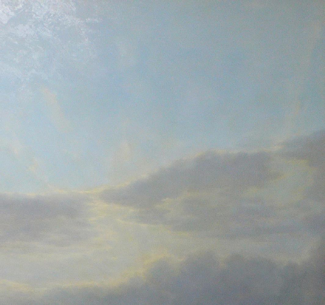 Oil painting of vast wheat fields by Vasily Korkishko with soft clouds