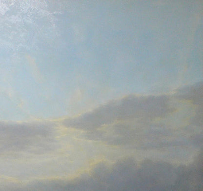 Oil painting of vast wheat fields by Vasily Korkishko with soft clouds
