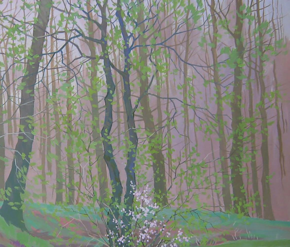 Oil painting of Spring green forest by Valery Savenets, pastel trees and blossoms