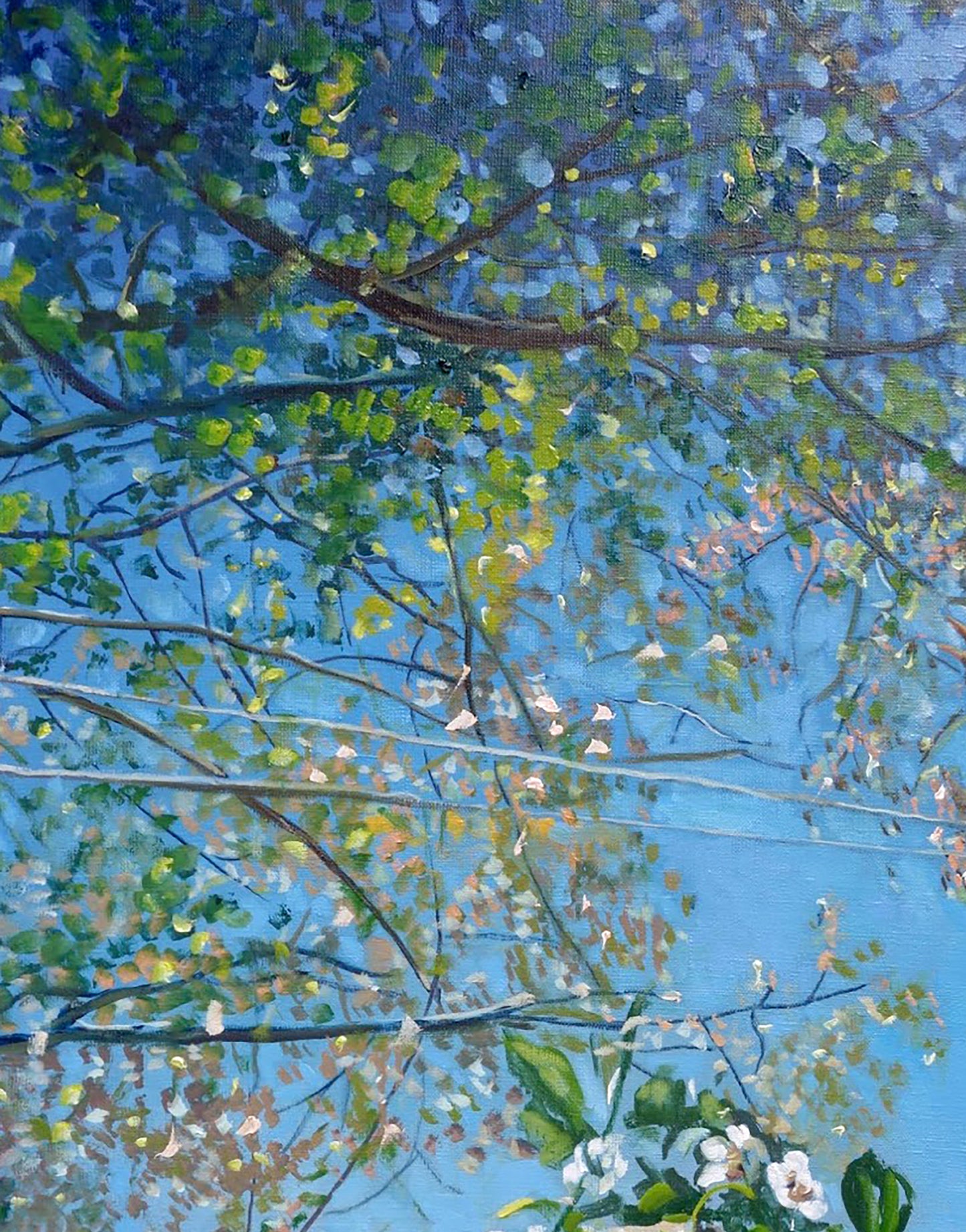 Vibrant impressionist oil painting by Starling Varvarov, tree branches and blossoms