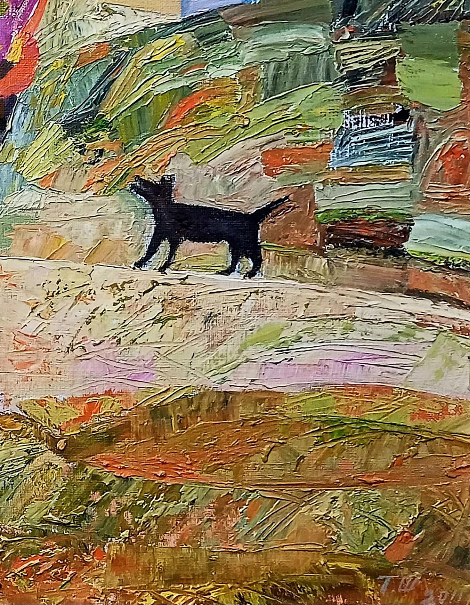 Black cat silhouette in Tatyana Shulyak oil painting Village in the mountains