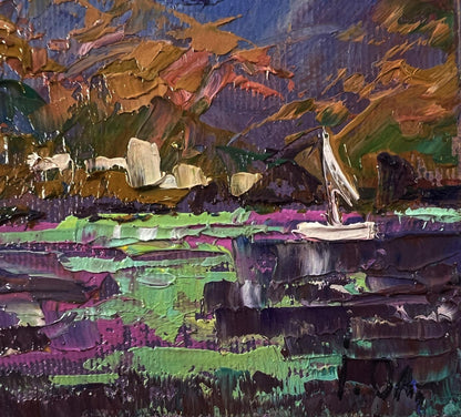 Oil painting River Silence on Boats by Oleksiy Ivanyuk sailboat scene