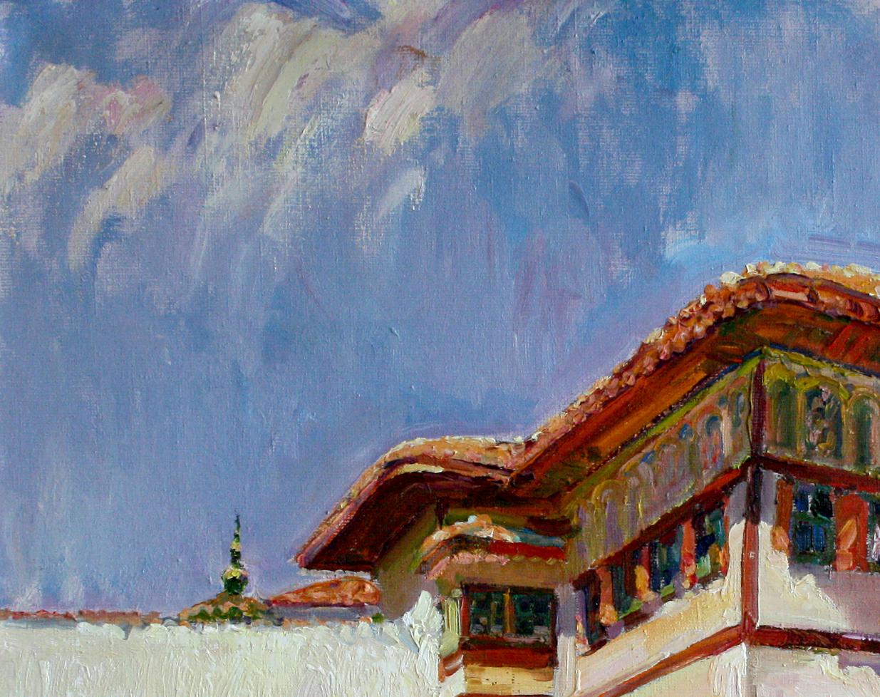 Oil painting of Castle by Leonid Pavlenko with ornate red gold roof