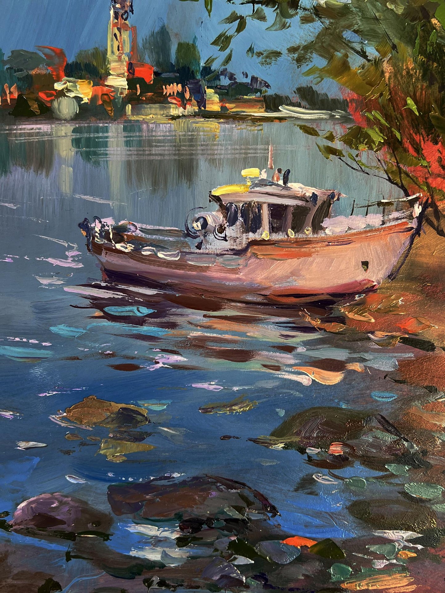 Oil painting of rustic wooden fishing boat near shore by Yuriy Suprunchuk
