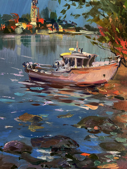 Oil painting of rustic wooden fishing boat near shore by Yuriy Suprunchuk