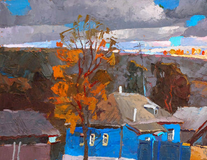 Oil painting The last ray by Egor Shvachunov: vibrant blue house in autumn