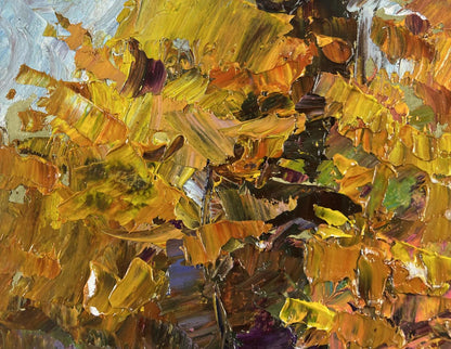 Oil painting Autumn sparkles with gold by Boris Serdyuk, vibrant yellow orange purple green