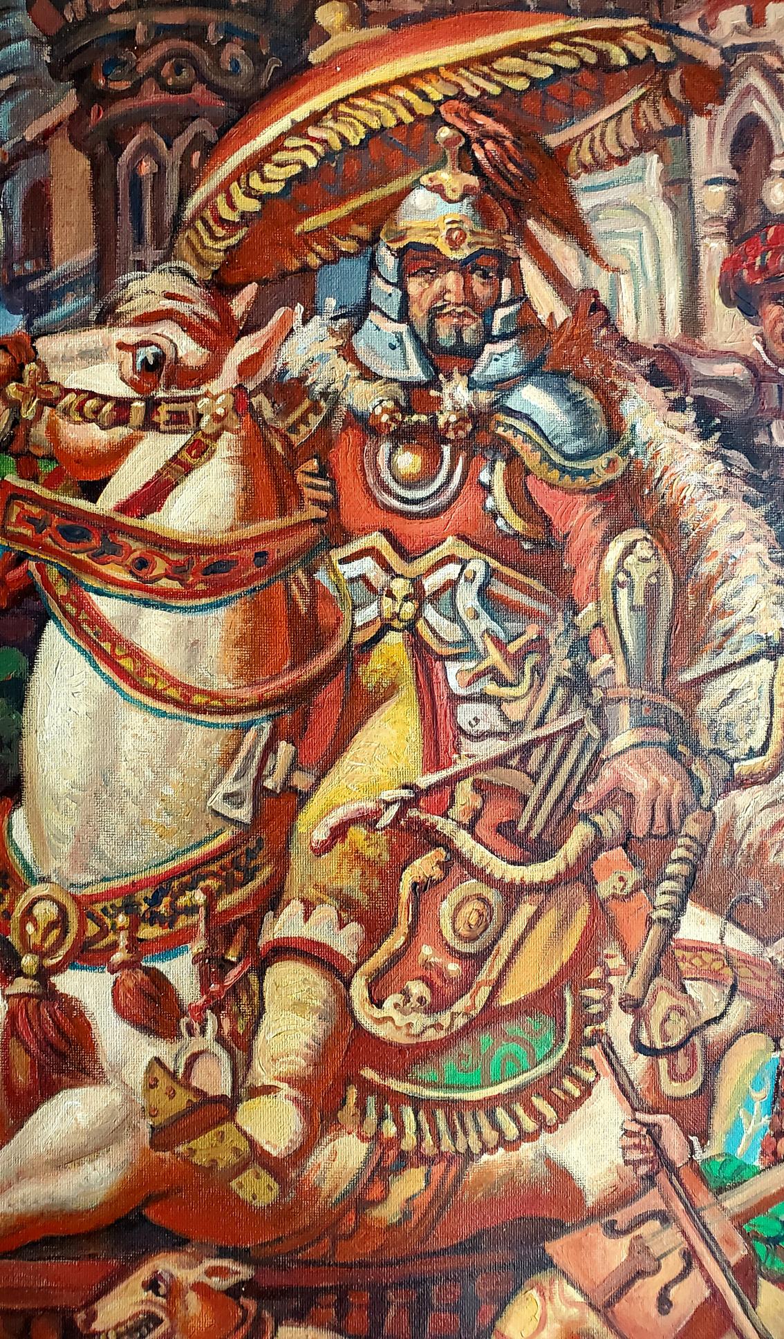 Oil painting portrait of Genghis Khan by Daniil Litvinov in ornate red gold armor