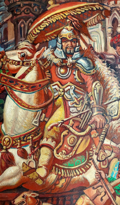 Oil painting portrait of Genghis Khan by Daniil Litvinov in ornate red gold armor
