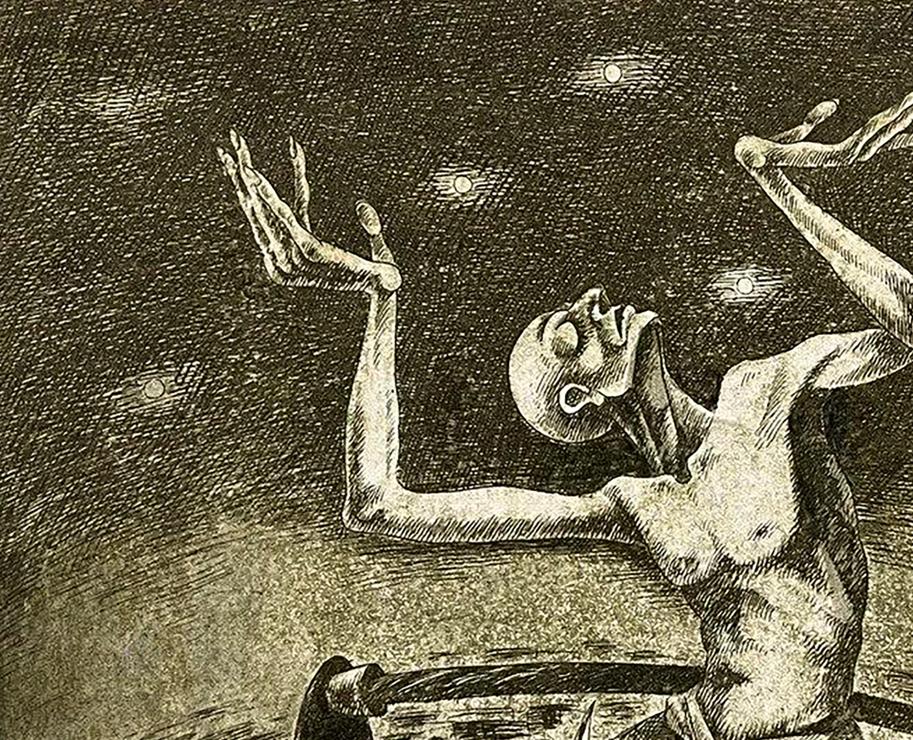 Haunting skeletal figure etching Supplication by Oleksandr Zhmailo starry night