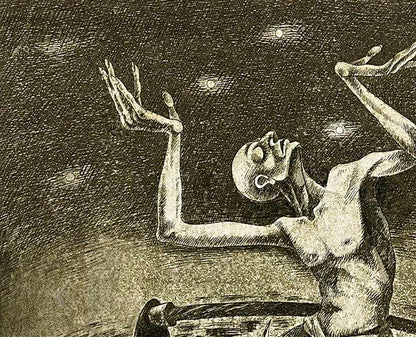 Haunting skeletal figure etching Supplication by Oleksandr Zhmailo starry night