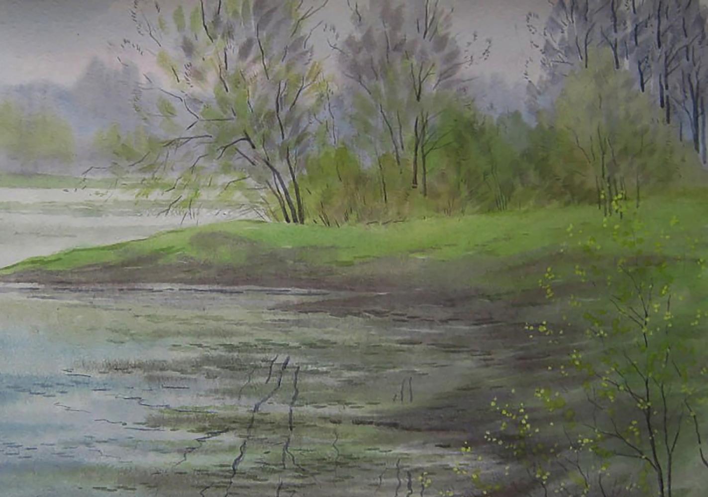 Serene watercolor of old boat by tranquil river, lush trees, overcast sky by Valery Savenets