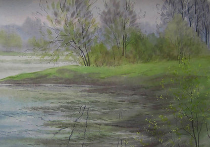 Serene watercolor of old boat by tranquil river, lush trees, overcast sky by Valery Savenets