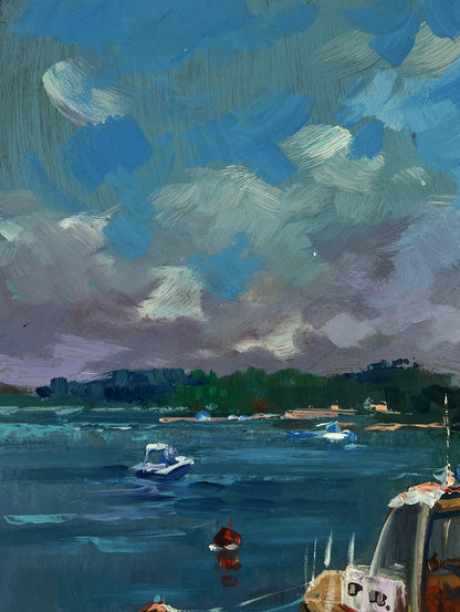Oil painting of old wooden pier into sea by Yuriy Suprunchuk