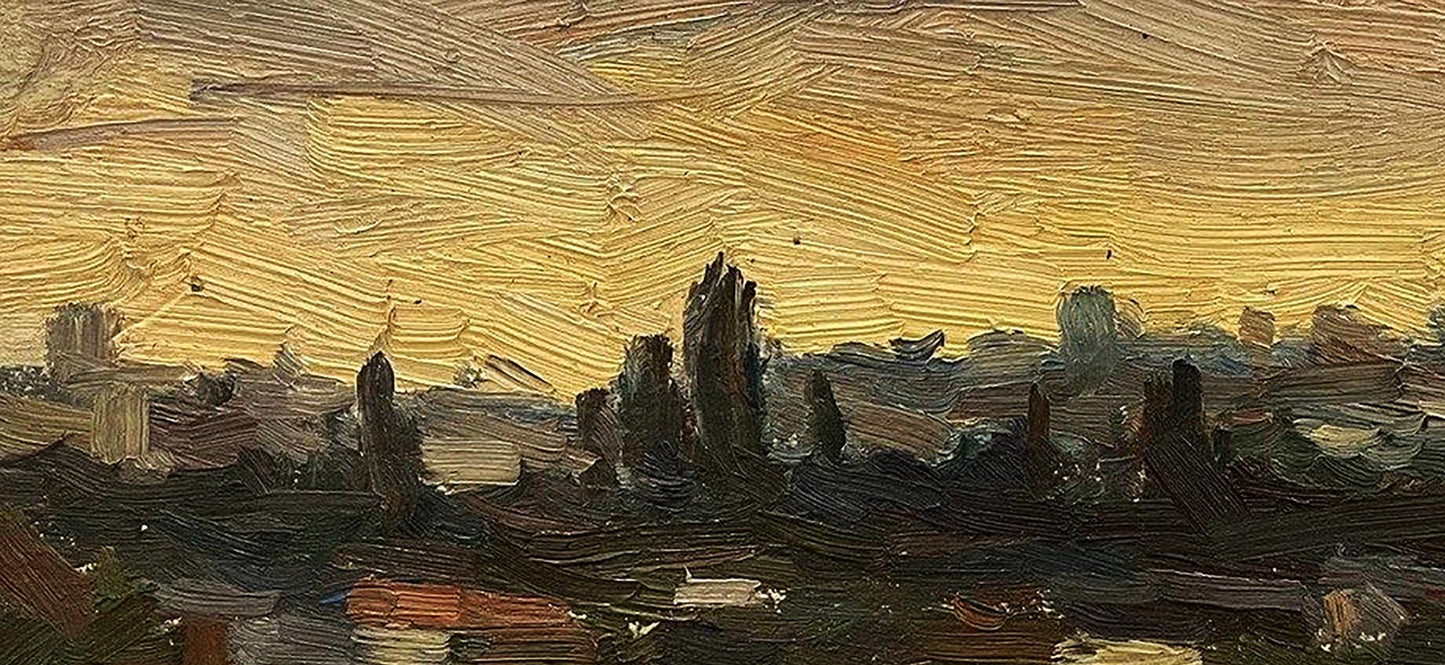 Oil painting Evening Etude by Kravets Oleg: golden sunset over silhouetted trees