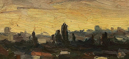 Oil painting Evening Etude by Kravets Oleg: golden sunset over silhouetted trees