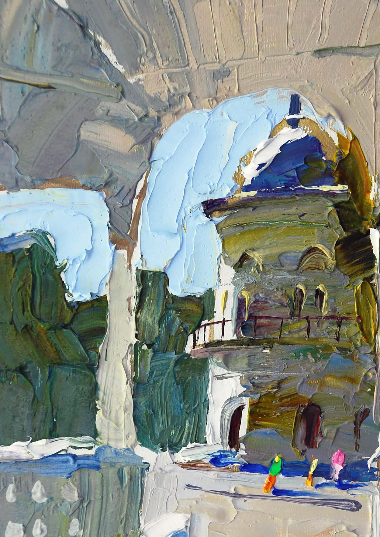 Oil painting In the Mountains by Egor Shvachunov with arched stone arch and blue dome