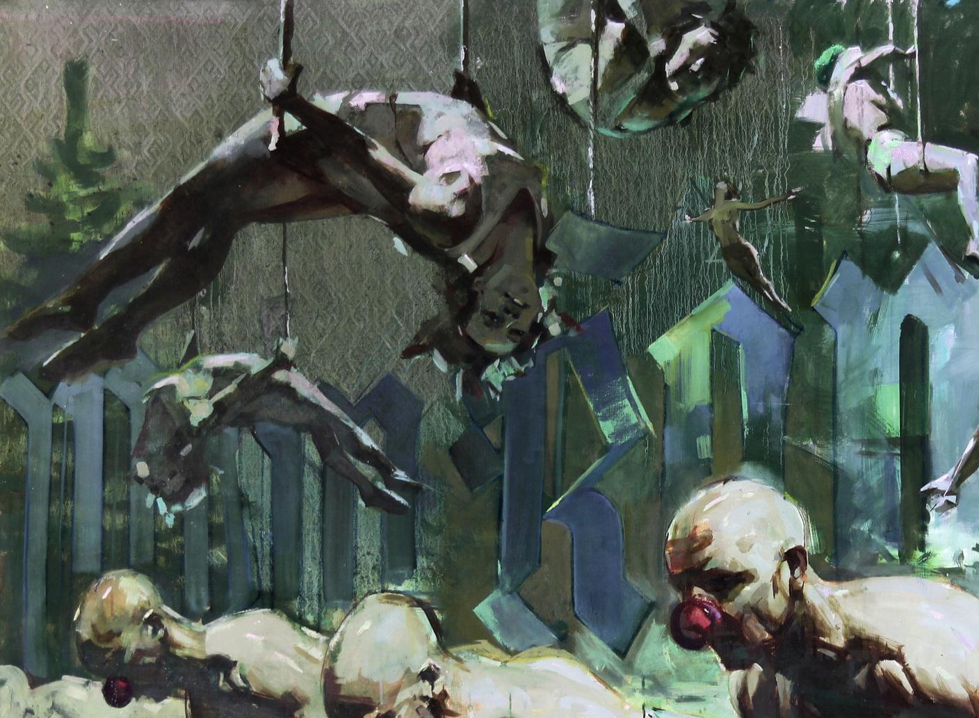 Surreal oil painting by Ed Potapenkov: hanging figures and clown with red nose
