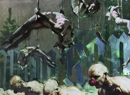 Surreal oil painting by Ed Potapenkov: hanging figures and clown with red nose
